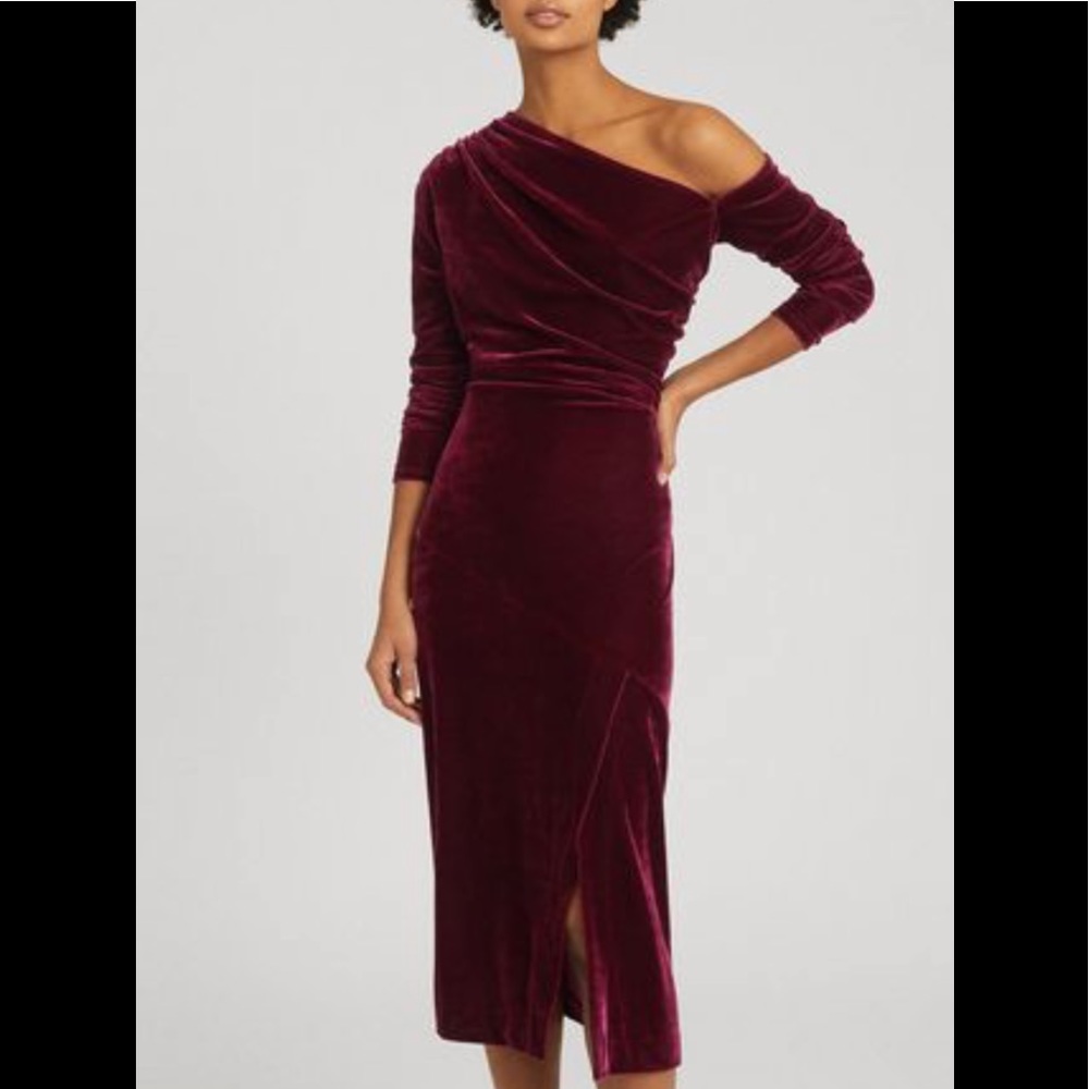 Reiss Bella Asymmetrical Neck Berry Velvet Dress Size US6/UK10